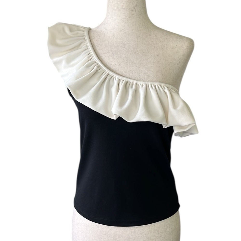 H&M Black White Flounced One Shoulder Sleeveless Ruffle Blouse Crop Tank Top